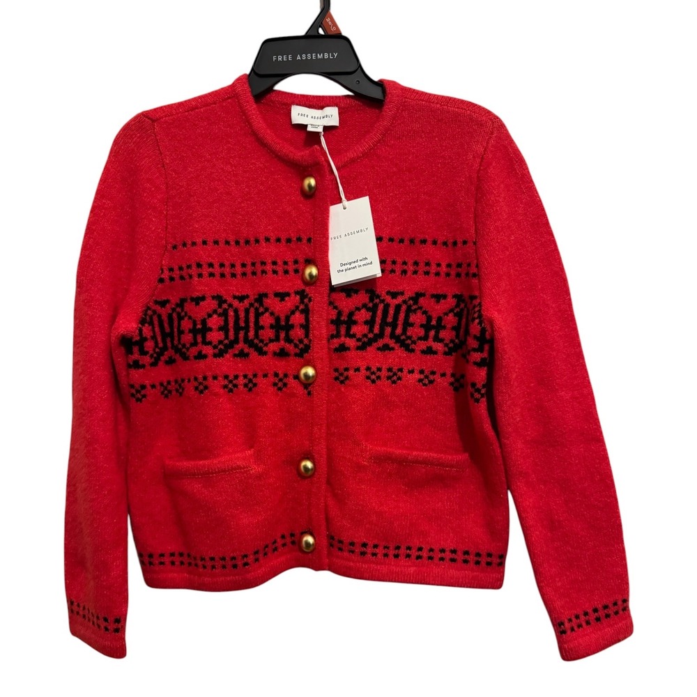 Free Assembly Cardigan Womens M Red Fair Isle Wool Blend Sweater Cabin Gorpcore